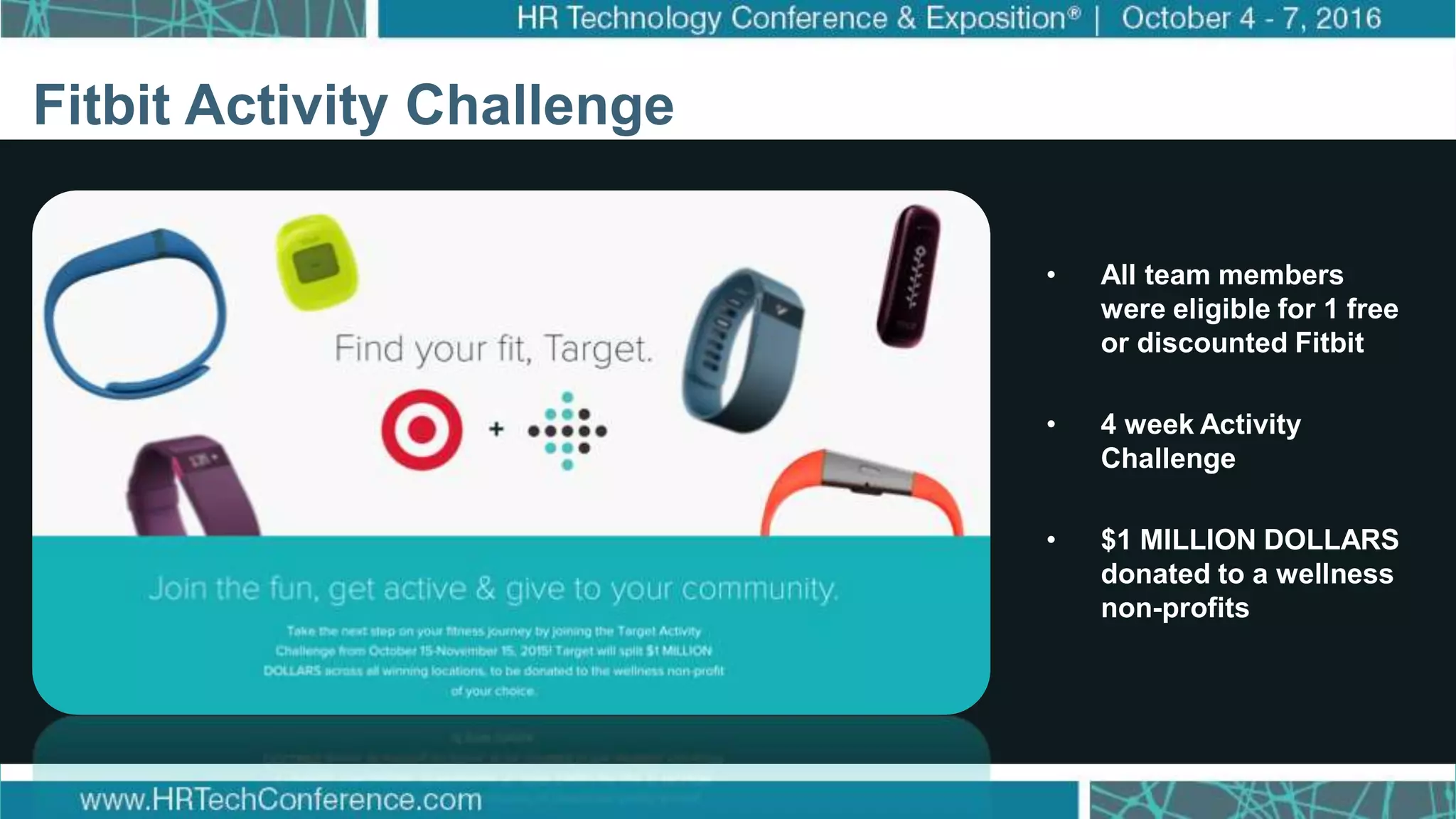 How Target Made Wellness a Business Priority
Click to edit Master title style
Click to edit Master subtitle style
Fitbit Activity Challenge
• All team members
were eligible for 1 free
or discounted Fitbit
• 4 week Activity
Challenge
• $1 MILLION DOLLARS
donated to a wellness
non-profits
 