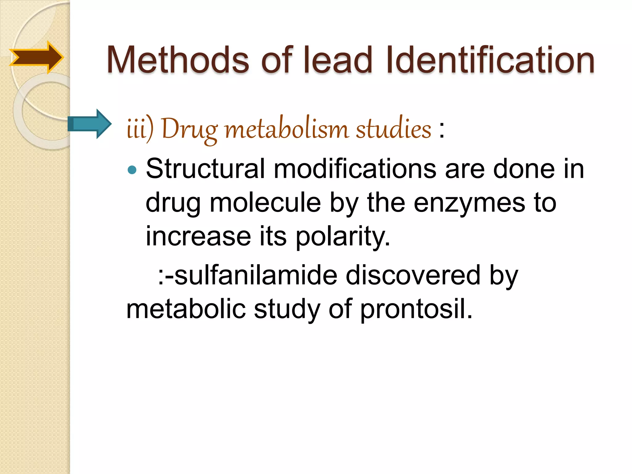 Methods of lead Identification
iii) Drug metabolism studies :
 Structural modifications are done in
drug molecule by the enzymes to
increase its polarity.
:-sulfanilamide discovered by
metabolic study of prontosil.
 