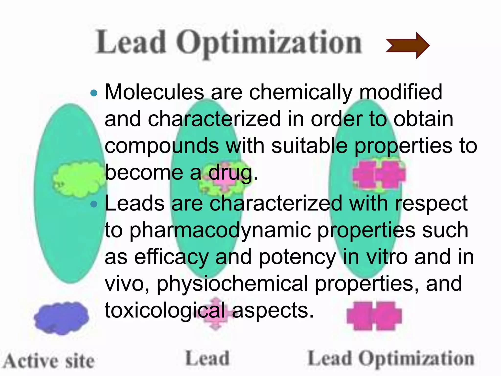  Molecules are chemically modified
and characterized in order to obtain
compounds with suitable properties to
become a drug.
 Leads are characterized with respect
to pharmacodynamic properties such
as efficacy and potency in vitro and in
vivo, physiochemical properties, and
toxicological aspects.
 