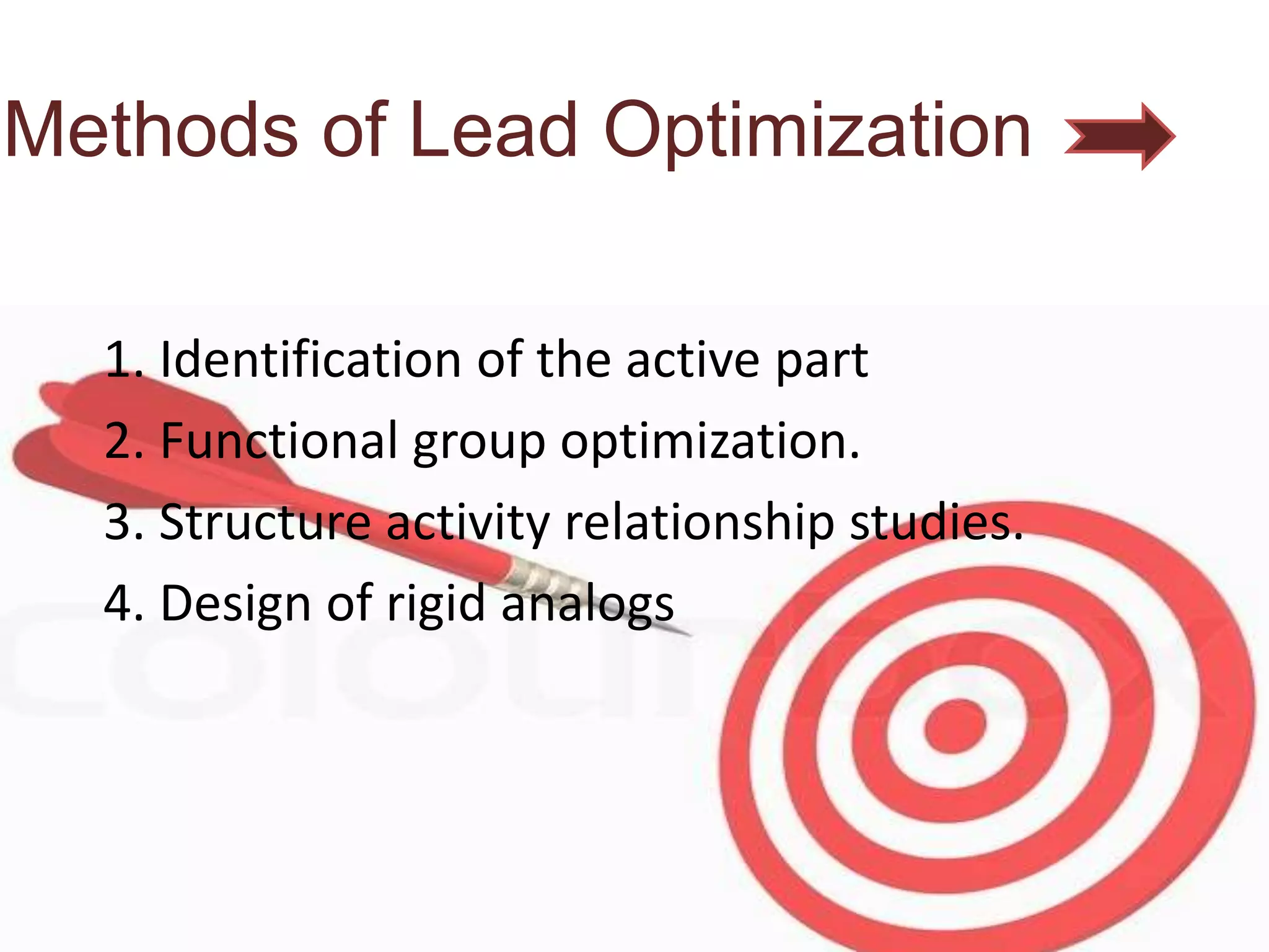 Methods of Lead Optimization
1. Identification of the active part
2. Functional group optimization.
3. Structure activity relationship studies.
4. Design of rigid analogs
 