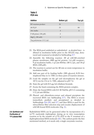 312 Aptamers as Speciﬁc Receptor Ligands
21. The RNA pool unlabeled or radiolabeled - as detailed later - is
diluted in incubation buffer prior to the SELEX step, dena-
tured and renatured as detailed in Subheading 3.7.
22. Assemble the following reaction: 20 ml nAChR-enriched
plasma membranes (800 mg/ml protein; 1.6 mM receptor),
9 ml incubation buffer, 1 ml anti-RNAse (40 U/ml), and 10 ml
RNA (320 mM).
23. The reaction is carried out for 40 min at room temperature in
incubation buffer.
24. Add one part of 4× loading buffer (20% glycerol, 0.2% bro-
mophenol blue in 1× TBE) to three parts of reaction mixture.
25. Load the samples on the gel and electrophorese the gel at
10 V/cm for 3 h in 1× TBE, adjusted to pH 7.4.
26. Stain the gel with 0.5 mg/ml ethidium bromide.
27. Excise the band containing the RNA–protein complex.
28. Elute the bound RNA with 0.5 M NaOAc pH 5.2 containing
1 U/ml anti-RNAse.
29. Phenol- and chloroform-extract and ethanol precipitate the
recovered RNA (see Subheading 3.7). The RNA is reverse
transcribed, puriﬁed, and precipitated as detailed in
Subheadings 3.6 (25) and 3.7, and then RNA is used for the
nitrocellulose ﬁlter selection step and cocaine displacement of
nAChR-bound RNA molecules (Fig. 2).
Radiolabeled RNA can be generated either by incorporation of a
(a32
P) nucleoside triphosphate during an in vitro transcription
reaction or by the transfer of (g32
P)-ATP to the 5¢ terminus of a
dephosphorylated RNA molecule (41). The authors prefer the ﬁrst
mentioned method, as it needs only a single enzymatic reaction.
3.8. Synthesis and
Puriﬁcation of
32
P-Labeled RNA
Table 2
PCR mix
Addition Bottom (ml) Top (ml)
RT-reaction product 21
dd-H2
O 21 44
10× buffer 3 5
P-40 primer (50 mM) 2
MgCl2
(50 mM) 3
Taq polymerase (5 U/ml) 1
 