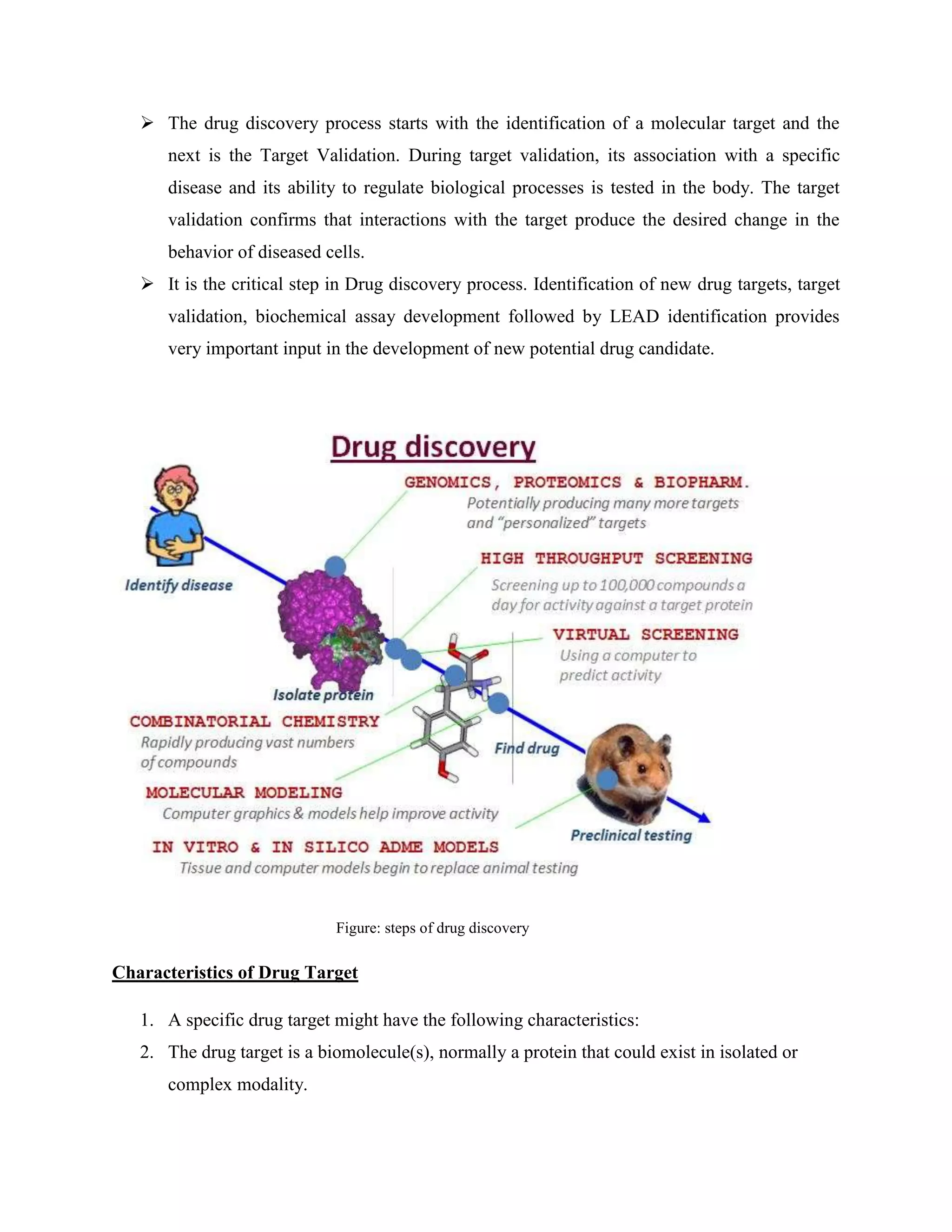  The drug discovery process starts with the identification of a molecular target and the
next is the Target Validation. During target validation, its association with a specific
disease and its ability to regulate biological processes is tested in the body. The target
validation confirms that interactions with the target produce the desired change in the
behavior of diseased cells.
 It is the critical step in Drug discovery process. Identification of new drug targets, target
validation, biochemical assay development followed by LEAD identification provides
very important input in the development of new potential drug candidate.
Figure: steps of drug discovery
Characteristics of Drug Target
1. A specific drug target might have the following characteristics:
2. The drug target is a biomolecule(s), normally a protein that could exist in isolated or
complex modality.
 