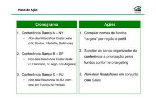Plano de Ação



            Cronograma                                       Ações
1. Conferência Banco A – NY                  1. Compilar nomes de fundos
   •   Non-deal Roadshow Costa Leste            “targets” por região e perfil
       (NY, Boston, Filadélfia, Baltimore)

                                             2. Solicitar ao banco organizador da
2. Conferência Banco B – SF
                                                conferência a priorização pelos
   •   Non-deal Roadshow Costa Oeste
       (S Francisco, S Diego, Los Angeles)      fundos conforme o targeting


3. Conferência Banco C – RJ                  3. Non-deal Roadshows em conjunto
   •   Non-deal Roadshow no RJ, com             com Sales
       foco em Fundos de Pensão
 