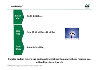 Market Cap*



             Small               Até R$ 3,0 bilhões
              Cap




               Mid               Entre R$ 3,0 bilhões e 10 bilhões
               Cap

                                                                     Empresa Brasileira de Energia




              Blue               Acima de 10 bilhões
              Chip



 Fundos podem ter em sua política de investimento o market cap mínimo que
                        estão dispostos a investir
Definição interna/gerencial de small cap, mid cap e blue chip
 