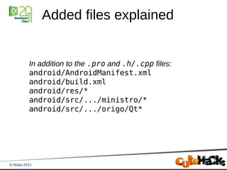 Added files explained


In addition to the .pro and .h/.cpp files:
android/AndroidManifest.xml
android/build.xml
android/res/*
android/src/.../ministro/*
android/src/.../origo/Qt*
 