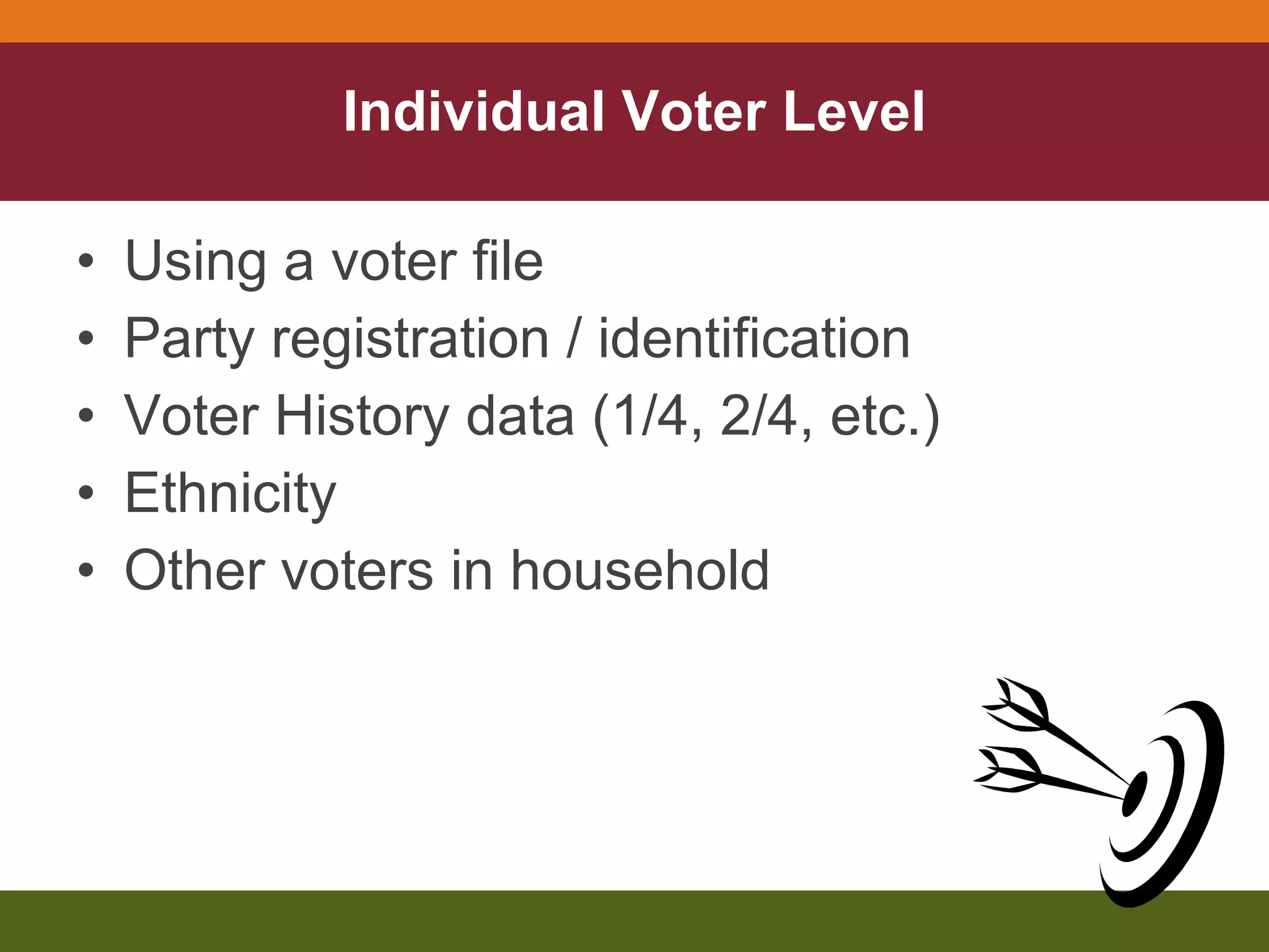 Individual Voter Level Using a voter file Party registration / identification Voter History data (1/4, 2/4, etc.) Ethnicity Other voters in household 
