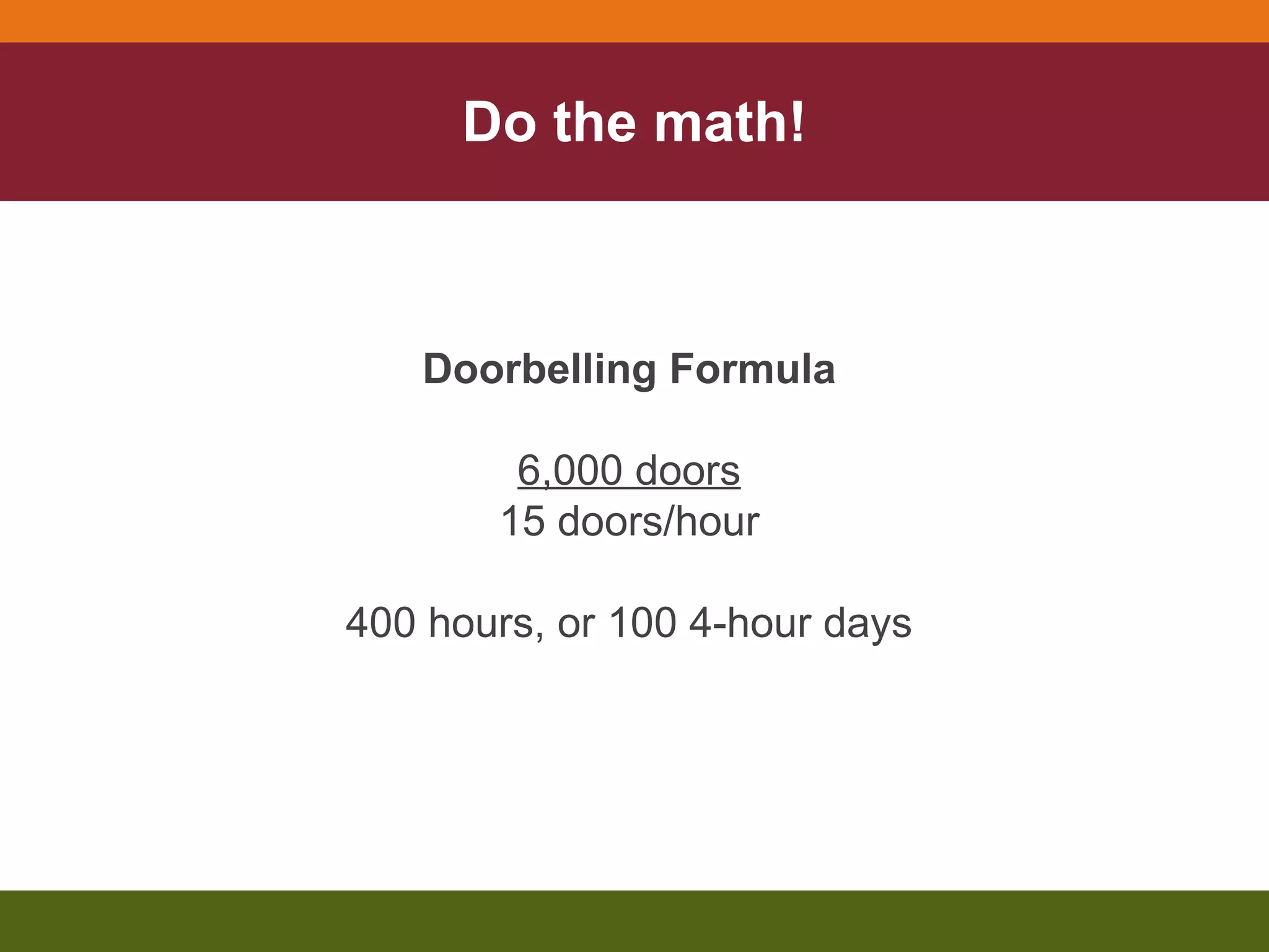 Do the math! Doorbelling Formula 6,000 doors 15 doors/hour 400 hours, or 100 4-hour days 