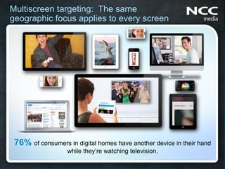 Multiscreen targeting: The same
geographic focus applies to every screen
Multi-screen world




 76% of consumers in digital homes have another device in their hand
                   while they’re watching television.
 