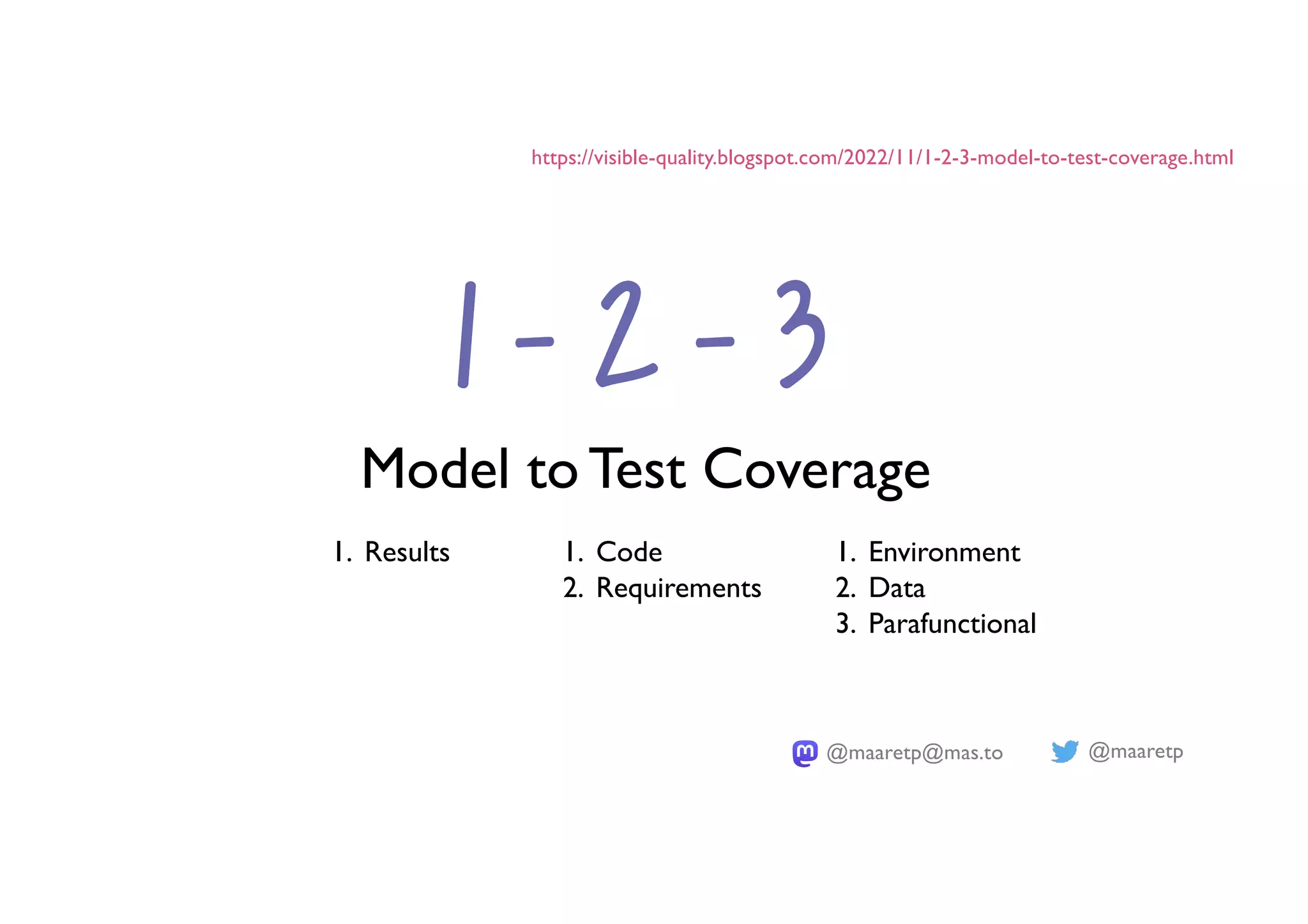 @maaretp
@maaretp@mas.to
1 – 2 – 3
Model to Test Coverage
https://visible-quality.blogspot.com/2022/11/1-2-3-model-to-test-coverage.html
1. Code
2. Requirements
1. Results 1. Environment
2. Data
3. Parafunctional
 