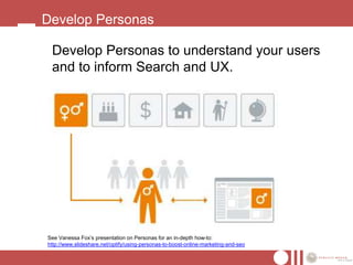 Develop Personas

 Develop Personas to understand your users
 and to inform Search and UX.




See Vanessa Fox’s presentation on Personas for an in-depth how-to:
http://www.slideshare.net/optify/using-personas-to-boost-online-marketing-and-seo
 