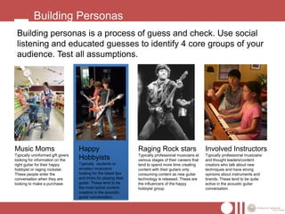 Building Personas
 Building personas is a process of guess and check. Use social
 listening and educated guesses to identify 4 core groups of your
 audience. Test all assumptions.




Music Moms                         Happy                          Raging Rock stars                      Involved Instructors
Typically uninformed gift givers                                  Typically professional musicians at    Typically professional musicians
looking for information on the     Hobbyists                      various stages of their careers that   and thought leaders/content
right guitar for their happy       Typically students or          tend to spend more time creating       creators who talk about new
hobbyist or raging rockstar.       amateur musicians              content with their guitars only        techniques and have strong
These people enter the             looking for the latest tips    consuming content as new guitar        opinions about instruments and
conversation when they are         and tricks for playing their   technology is released. These are      brands. These tend to be quite
looking to make a purchase.        guitar. These tend to be       the influencers of the happy           active in the acoustic guitar
                                   the most active content        hobbyist group.                        conversation.
                                   creators in the acoustic
                                   guitar conversation.
 