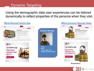 Dynamic Targeting
 Using the demographic data user experiences can be tailored
 dynamically to reflect properties of the persona when they visit.

What Normal Users See                                  What Curious George Sees


                              Curious George




                          •    18-32
                          •    Male
                          •    Loves indie rock
                          •    Wishes he had a beard




                                                              (Dramatization)
 