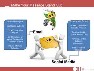 Make Your Message Stand Out



Use Short Subjects                 Converse with Context

Use Natural Subjects               Do NOT Just Tweet a
                                    Link at a Prospect
 Do NOT Use “Link
     Request”                         Escalate Quickly
                                   (“Follow So I can DM”)
Send Emails as an
Actual Person not a                  Participate in the
Company or Team                          Subject’s
                                      Conversation
 Include a Natural
     Salutation                       Ride a Relevant
                                         Hashtag
 