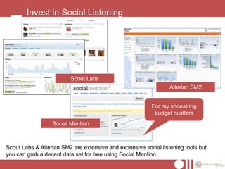 Invest in Social Listening




                         Scout Labs
                                                                 Alterian SM2


                                                          For my shoestring
                                                           budget hustlers
                  Social Mention



Scout Labs & Alterian SM2 are extensive and expensive social listening tools but
you can grab a decent data set for free using Social Mention.
 
