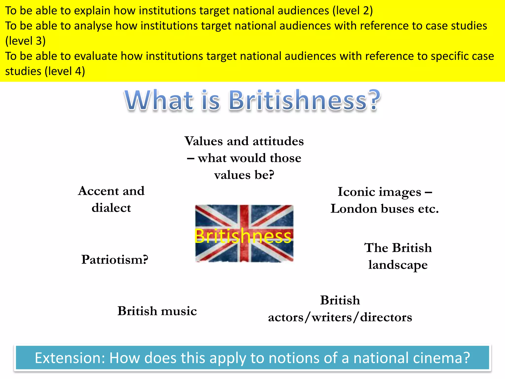 Britishness
Accent and
dialect
Values and attitudes
– what would those
values be?
Iconic images –
London buses etc.
The British
landscapePatriotism?
British music
British
actors/writers/directors
To be able to explain how institutions target national audiences (level 2)
To be able to analyse how institutions target national audiences with reference to case studies
(level 3)
To be able to evaluate how institutions target national audiences with reference to specific case
studies (level 4)
Extension: How does this apply to notions of a national cinema?
 