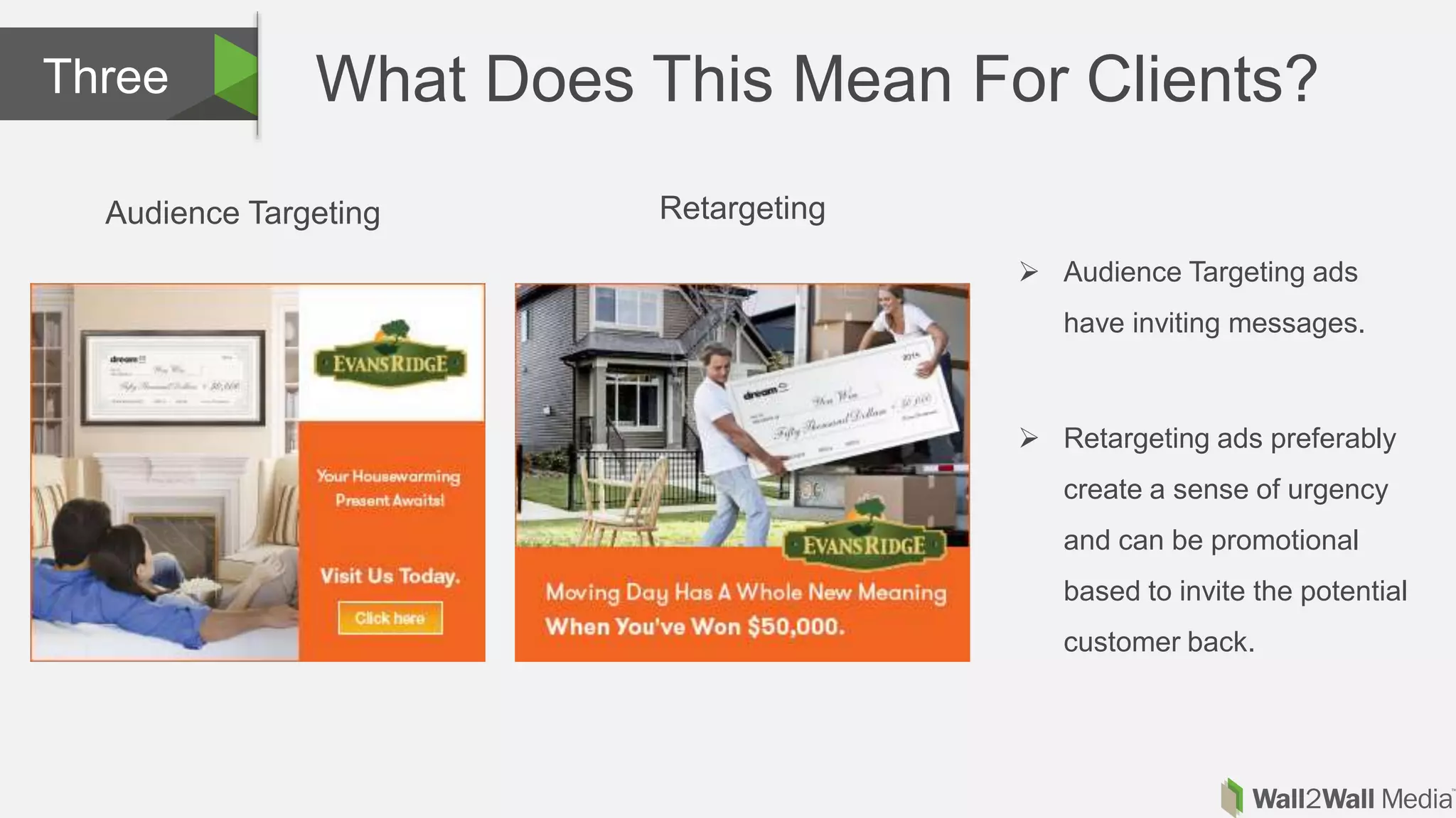 What Does This Mean For Clients?Three
 Audience Targeting ads
have inviting messages.
 Retargeting ads preferably
create a sense of urgency
and can be promotional
based to invite the potential
customer back.
Audience Targeting Retargeting
 
