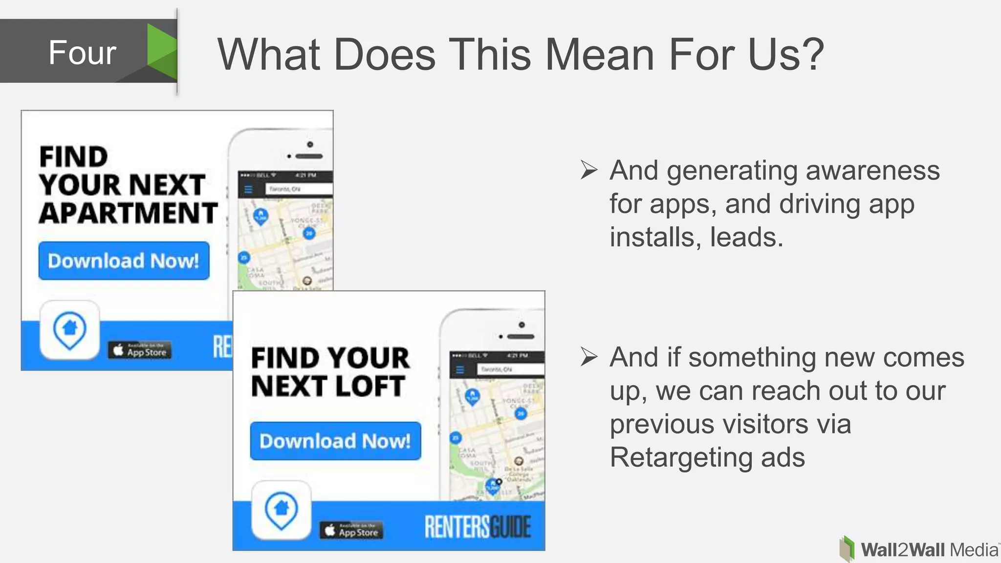 What Does This Mean For Us?Four
 And generating awareness
for apps, and driving app
installs, leads.
 And if something new comes
up, we can reach out to our
previous visitors via
Retargeting ads
 