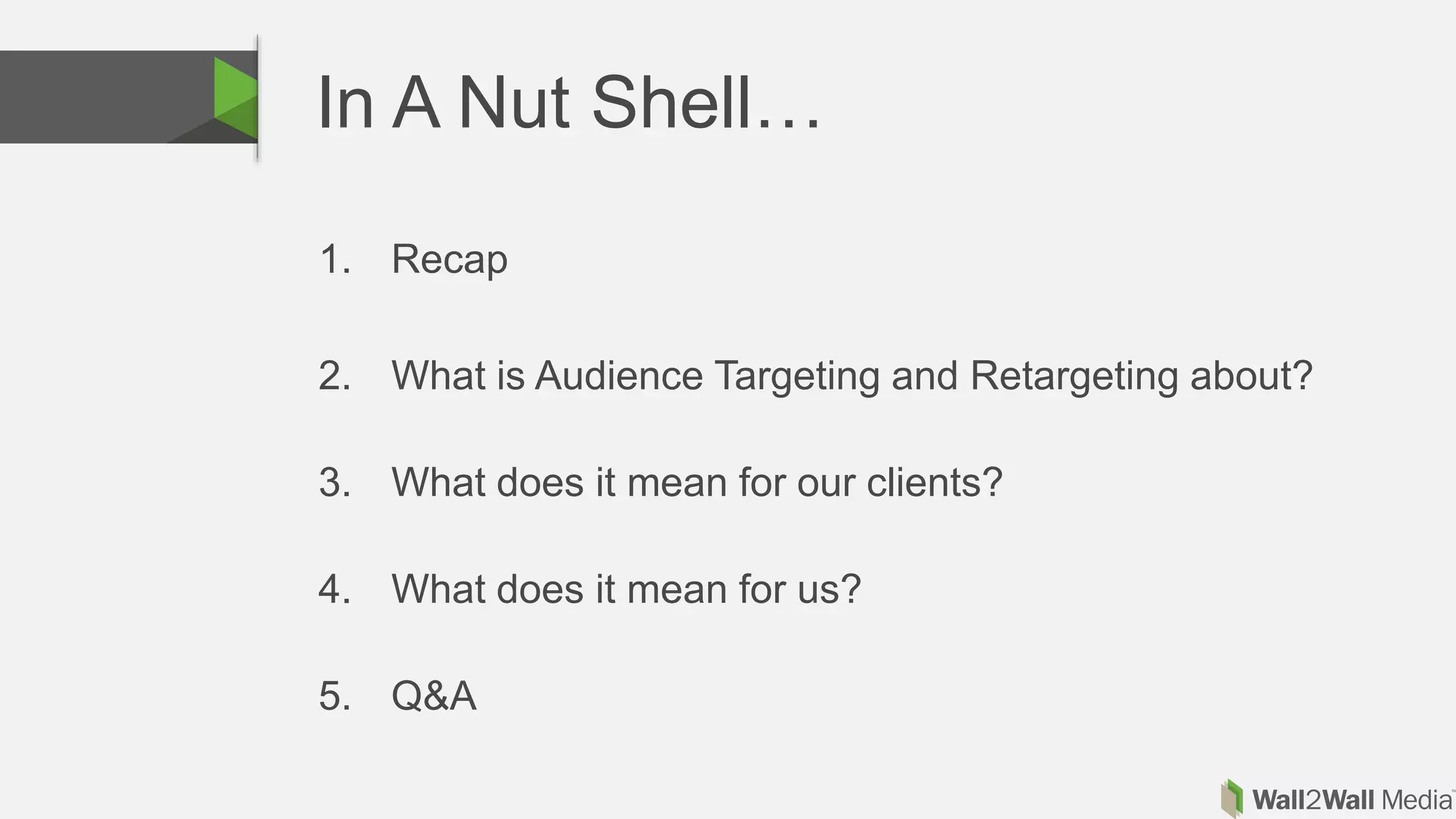 1. Recap
2. What is Audience Targeting and Retargeting about?
3. What does it mean for our clients?
4. What does it mean for us?
5. Q&A
In A Nut Shell…
 