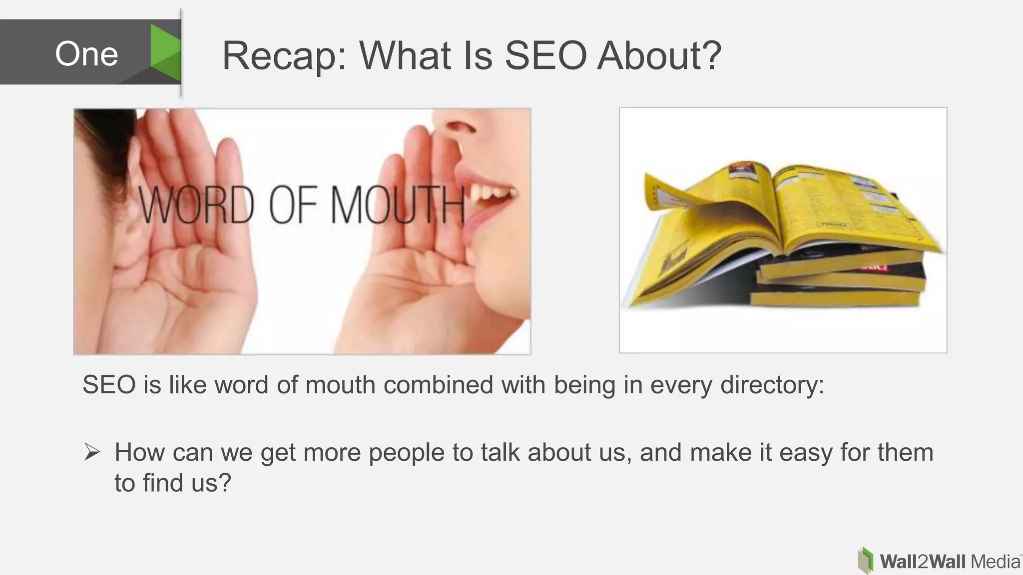Recap: What Is SEO About?One
SEO is like word of mouth combined with being in every directory:
 How can we get more people to talk about us, and make it easy for them
to find us?
 