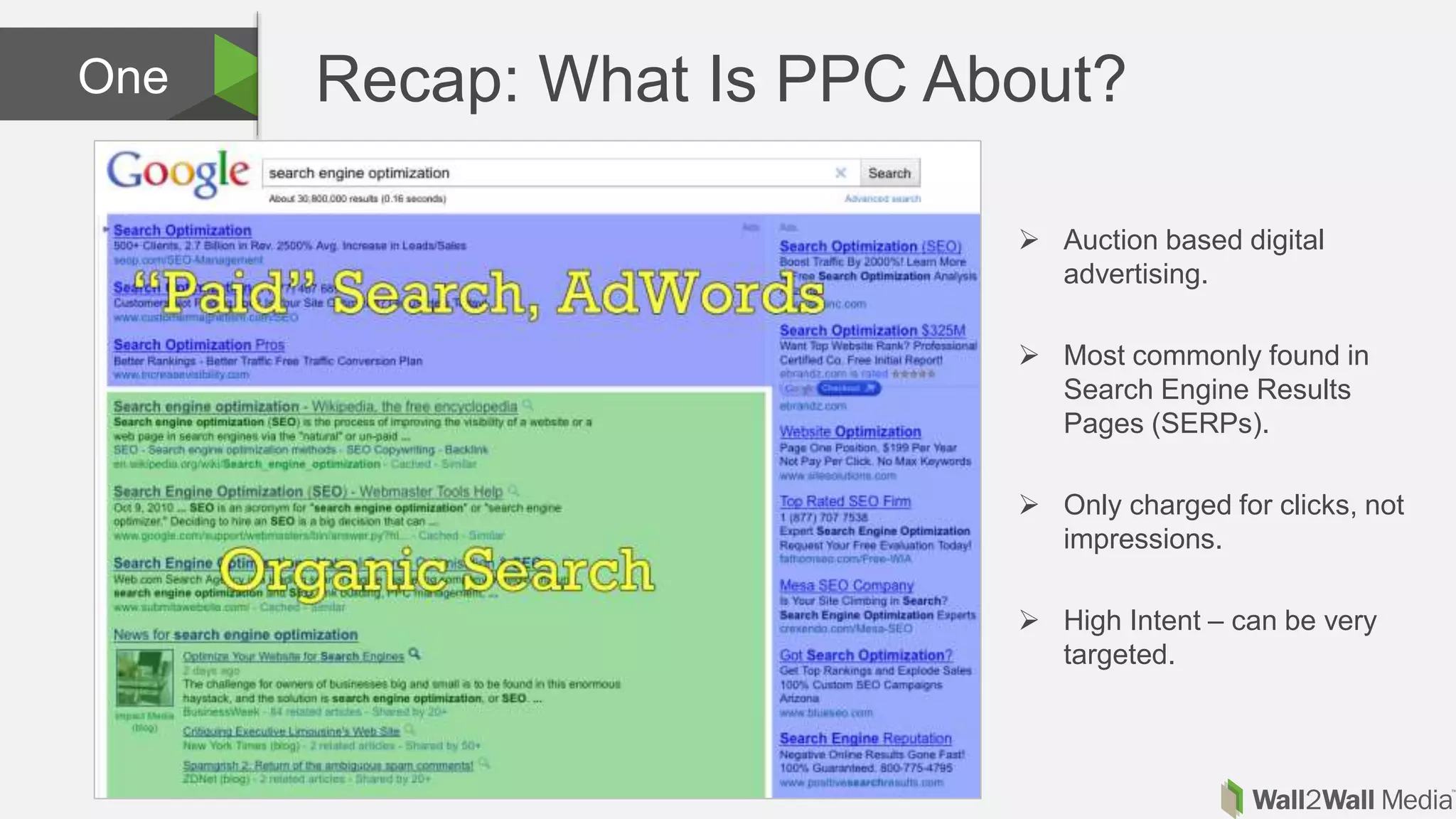 Recap: What Is PPC About?One
 Auction based digital
advertising.
 Most commonly found in
Search Engine Results
Pages (SERPs).
 Only charged for clicks, not
impressions.
 High Intent – can be very
targeted.
 