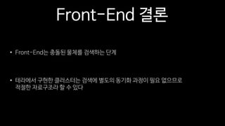 Front-End 결론
• Front-End는 충돌된 물체를 검색하는 단계
• 테라에서 구현한 클러스터는 검색에 별도의 동기화 과정이 필요 없으므로
적절한 자료구조라 할 수 있다
 