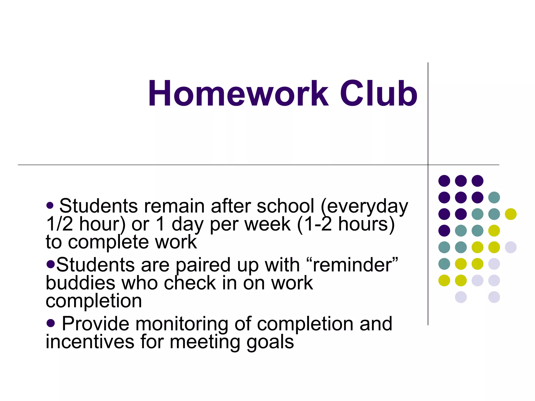 Homework Club Students remain after school (everyday 1/2 hour) or 1 day per week (1-2 hours) to complete work Students are paired up with “reminder” buddies who check in on work completion Provide monitoring of completion and incentives for meeting goals 