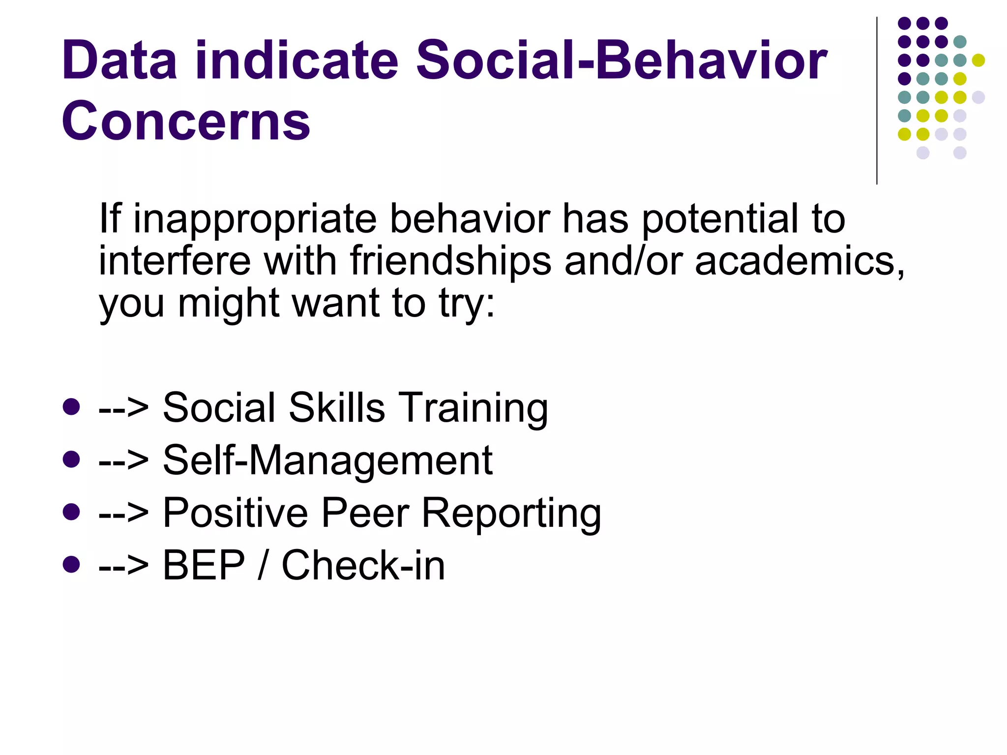 Data indicate Social-Behavior Concerns If inappropriate behavior has potential to interfere with friendships and/or academics, you might want to try: --> Social Skills Training --> Self-Management --> Positive Peer Reporting --> BEP / Check-in 