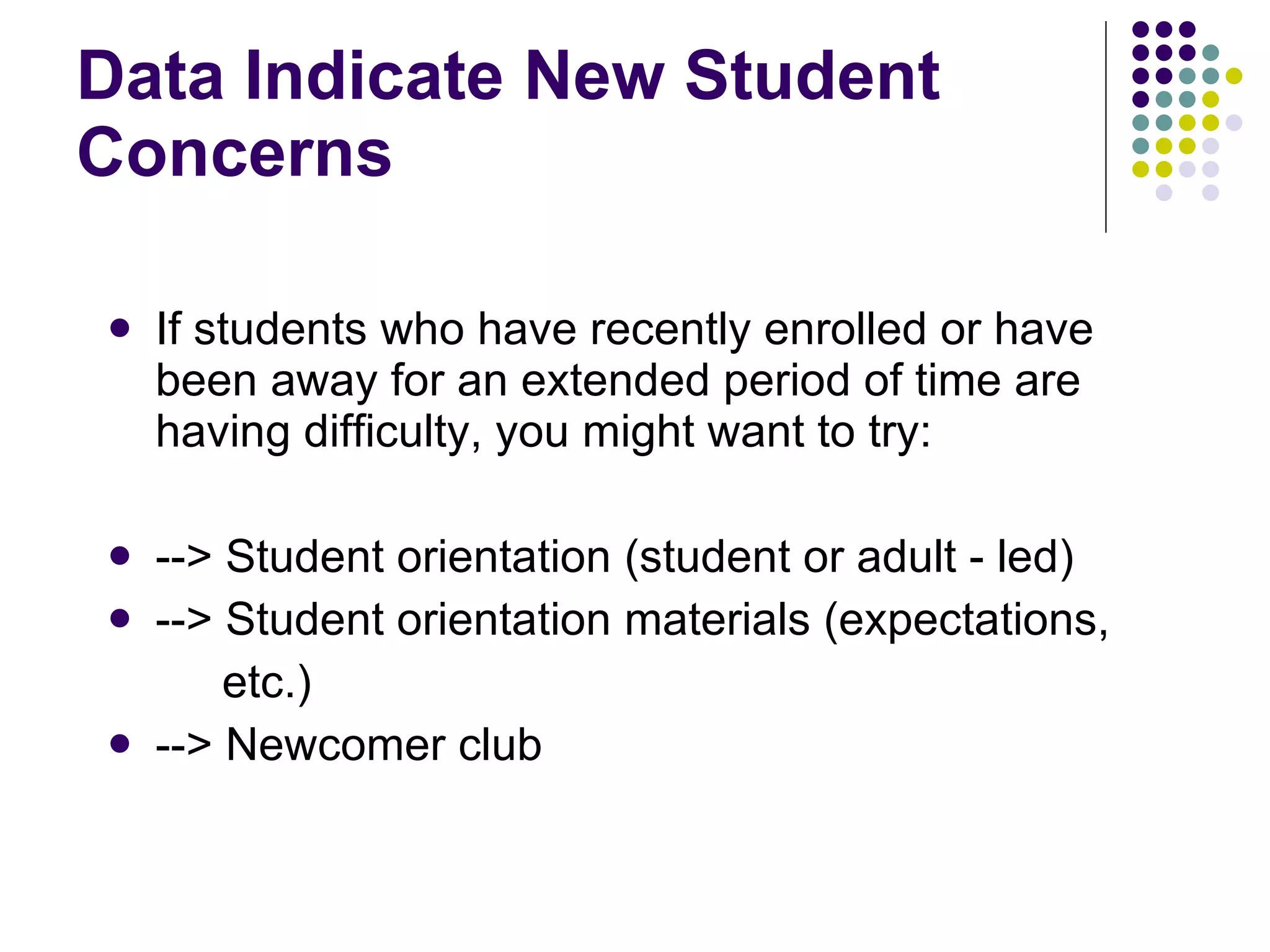 Data Indicate New Student Concerns If students who have recently enrolled or have been away for an extended period of time are having difficulty, you might want to try: --> Student orientation (student or adult - led) --> Student orientation materials (expectations,  etc.) --> Newcomer club 