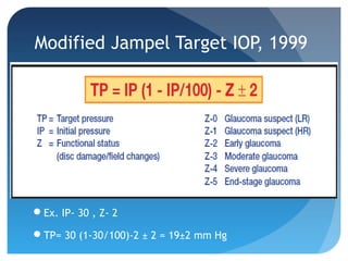 Modified Jampel Target IOP, 1999
Ex. IP- 30 , Z- 2
TP= 30 (1-30/100)-2 ± 2 = 19±2 mm Hg
 