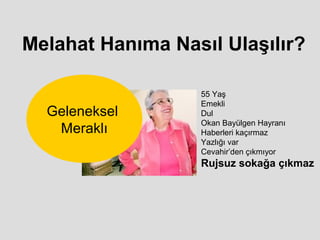 Melahat Hanıma Nasıl Ulaşılır?

                  55 Yaş
                  Emekli
  Geleneksel      Dul
                  Okan Bayülgen Hayranı
   Meraklı        Haberleri kaçırmaz
                  Yazlığı var
                  Cevahir’den çıkmıyor
                  Rujsuz sokağa çıkmaz
 