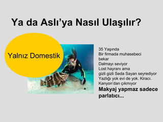 Ya da Aslı’ya Nasıl Ulaşılır?

                   35 Yaşında
Yalnız Domestik    Bir firmada muhasebeci
                   bekar
                   Dalmayı seviyor
                   Lost hayranı ama
                   gizli gizli Seda Sayan seyrediyor
                   Yazlığı yok evi de yok. Kiracı.
                   Kanyon’dan çıkmıyor
                   Makyaj yapmaz sadece
                   parlatıcı...
 