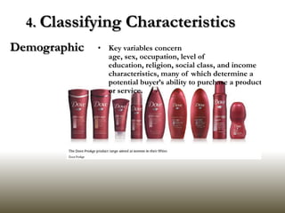 4. Classifying Characteristics
Demographic   • Key variables concern
                age, sex, occupation, level of
                education, religion, social class, and income
                characteristics, many of which determine a
                potential buyer’s ability to purchase a product
                or service.
 