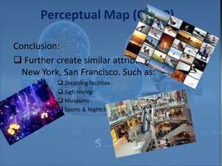 Perceptual Map (Q# 10)

Conclusion:
 Further create similar attributes as in the City
  New York, San Francisco. Such as:
            Shopping facilities
            Sigh seeing
            Museums
            Sports & Nightclubs
 