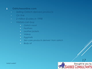 2. Ostrichesonline.com 
- Selling Ostrich derived products 
- On line 
- 2 million $ sales in 1998 
- Visitors can buy 
· Ostrich meat 
· Feathers 
· Leather jackets 
· Videos 
· Eggshells 
· Skin care products derived from ostrich 
· Body oil 
TARGET MARKET 
17 
 