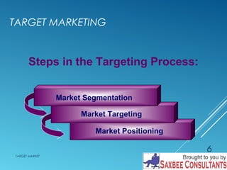 TARGET MARKETING 
TARGET MARKET 
6 
Steps in the Targeting Process: 
Market Segmentation 
Market Targeting 
Market Positioning 
 