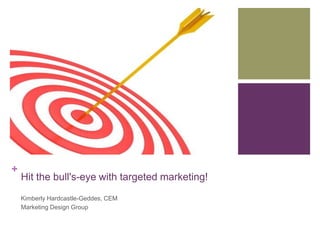 +
    Hit the bull's-eye with targeted marketing!
    Kimberly Hardcastle-Geddes, CEM
    Marketing Design Group
 