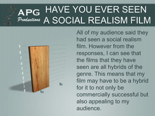 HAVE YOU EVER SEEN  A SOCIAL REALISM FILM All of my audience said they had seen a social realism film. However from the responses, I can see that the films that they have seen are all hybrids of the genre. This means that my film may have to be a hybrid for it to not only be commercially successful but also appealing to my audience. 