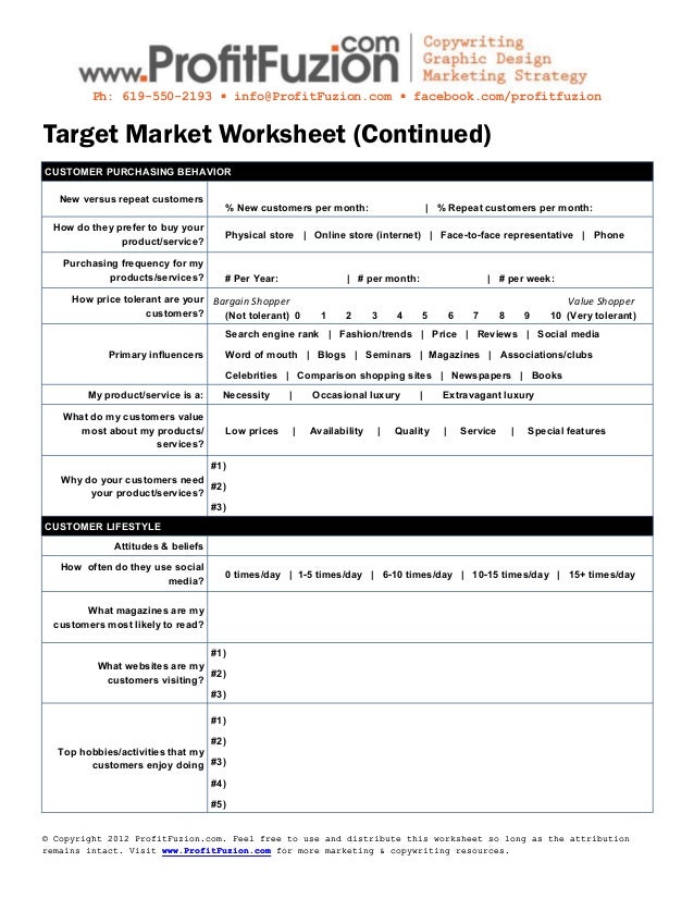 Target Market Worksheet (Business to Consumer)