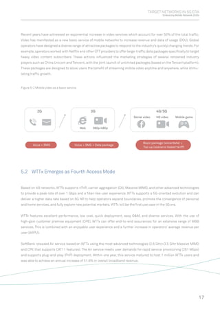 TARGET NETWORKS IN 5G ERA
Embracing Mobile Network 2020s
17
2G 3G
Web 360p/480p
Social video HD video Mobile game
4G/5G
Recent years have witnessed an exponential increase in video services which account for over 50% of the total trafﬁc.
Video has manifested as a new basic service of mobile networks to increase revenue and data of usage (DOU). Global
operators have designed a diverse range of attractive packages to respond to the industry's quickly changing trends.For
example,operators worked with Netﬂix and other OTT providers to offer large-trafﬁc data packages speciﬁcally to target
heavy video content subscribers. These actions inﬂuenced the marketing strategies of several renowned industry
players such as China Unicom and Tencent, with the joint launch of unlimited packages (based on the Tencent platform).
These packages are designed to allow users the beneﬁt of streaming mobile video anytime and anywhere, while stimu-
lating trafﬁc growth.
Based on 4G networks, WTTx supports nTnR, carrier aggregation (CA), Massive MIMO, and other advanced technologies
to provide a peak rate of over 1 Gbps and a ﬁber-like user experience. WTTx supports a 5G-oriented evolution and can
deliver a higher data rate based on 5G NR to help operators expand boundaries, promote the convergence of personal
and home services, and fully explore new potential markets. WTTx will be the ﬁrst use case in the 5G era.
WTTx features excellent performance, low cost, quick deployment, easy O&M, and diverse services. With the use of
high-gain customer premise equipment (CPE), WTTx can offer end-to-end assurances for an extensive range of MBB
services. This is combined with an enjoyable user experience and a further increase in operators' average revenue per
user (ARPU).
SoftBank released Air service based on WTTx using the most advanced technologies (2.6 GHz+3.5 GHz Massive MIMO
and CPE that supports CAT11 features). The Air service meets user demands for rapid service provisioning (261 Mbps)
and supports plug-and-play (PnP) deployment. Within one year, this service matured to host 1 million WTTx users and
was able to achieve an annual increase of 51.9% in overall broadband revenue.
Figure 5-2 Mobile video as a basic service
5.2 WTTx Emerges as Fourth Access Mode
Voice + SMS Voice + SMS + Data package
Basic package (voice/data) +
Top-up (scenario-based tariff)
 