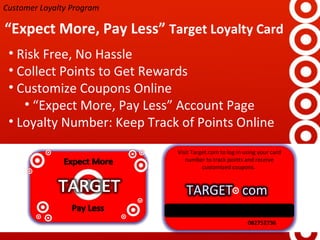“ Expect More, Pay Less”  Target Loyalty Card Risk Free, No Hassle  Collect Points to Get Rewards Customize Coupons Online “ Expect More, Pay Less” Account Page Loyalty Number: Keep Track of Points Online Customer Loyalty Program Visit Target.com to log in using your card number to track points and receive customized coupons.  082752736 