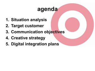agenda
1.
2.
3.
4.
5.

Situation analysis
Target customer
Communication objectives
Creative strategy
Digital integration plans

 