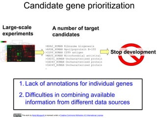 Candidate gene prioritization 
>NSA2_HUMAN Ribosome biogenesis 
>APOB_HUMAN Apolipoprotein B-100 
>CD99_HUMAN CD99 antigen 
>MAVS_HUMAN Mitochondrial antiviral 
>CA031_HUMAN Uncharacterized protein 
>CA043_HUMAN Uncharacterized protein 
>CA049_HUMAN Uncharacterized protein 
… 
Large-scale 
experiments 
A number of target 
candidates 
Stop development 
1. Lack of annotations for individual genes 
2. Difficulties in combining available 
information from different data sources 
This work by Kenji Mizuguchi is licensed under a Creative Commons Attribution 4.0 International License. 
 