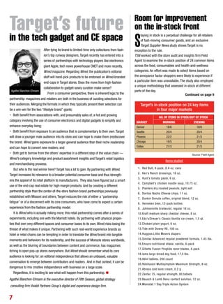 After tying its brand to limited-time only collections from fash-
ion’s top runway designers,Target recently has entered into a
series of partnerships with technology players like electronics
giant Apple, tech news powerhouse CNET and more recently,
Wired magazine. Regarding Wired, the publication’s editorial
staff will hand-pick products to be endorsed on Wired-branded
end-caps in Target stores. Does the move from high-fashion
collaboration to gadget-savvy curation make sense?
From a consumer perspective, there is inherent logic to the
partnership: magazines and retailers are both in the business of curating selections for
their audiences. Merging the formats in which they typically present their selection can
be a win-win for the two “lifestyle brand” giants:
• Both benefit from associations with, and presumably sales of, a hot and growing
category involving the use of consumer electronics and digital gadgets to simplify and
enhance everyday living;
• Both benefit from exposure to an audience that is complementary to their own.Target
will draw a younger male audience into its store and can hope to make them (re)discover
the brand. Wired gains exposure to a larger general audience than their niche readership
and can hope to convert new readers; and
• Both get to borrow from the others’ expertise in a different step of the value chain —
Wired’s category knowledge and product assortment insights and Target’s retail logistics
and merchandising prowess.
But who is the real winner here? Target has a lot to gain. By partnering with Wired,
Target increases its relevance to a broader potential consumer base and thus strength-
ens the appeal of its retail platform to manufacturers. They also have figured out a smart
use of the end-cap real estate for high-margin products.And by creating a different
partnership style than the center-of-the-store fashion brand partnerships previously
established with Missoni and others,Target reduces the risk of either a “partnership
fatigue” or of a disconnect with its core consumers, who have come to expect a certain
experience from the fashion partnership model.
It is Wired who is actually risking more; this retail partnership comes after a series of
experiments, including one with the Marriott hotels. By partnering with physical proper-
ties that own very different spaces and consumer bases to its own,Wired risks losing the
thread of what makes it unique. Partnering with such real-world experience brands as
hotel or retail chains can be tempting in order to translate the Wired brand into tangible
moments and behaviors for its readership, and the success of Monocle stores worldwide,
as well as the blurring of boundaries between content and commerce, has magazines
itching to open pop-up stores everywhere. But Wired should remember what its core
audience is looking for: an editorial independence that allows an unbiased, valuable
conversation to emerge between contributors and readers. And in that context, it can be
dangerous to mix creative independence with business on a large scale.
Regardless, it is exciting to see what will happen from this partnership. l
Agathe Blanchon-Ehrsam is the executive director of Fifth Season, global strategy
consulting firm Vivaldi Partners Group’s digital and experience design firm.
7
Target’s future
in the tech gadget and CE space
Source: Field Agent
Target’s in-stock position on 24 key items
in four major markets
1.	 Red Bull, 4-pack, 8.4-oz. cans
2.	 Ken’s Ranch dressings, 16 oz.
3.	 Hunt’s tomato paste, 6 oz.
4.	 Campbell’s chicken noodle soup, 10.75 oz.
5.	 Planters dry roasted peanuts, light salt
6.	 Doritos Nacho Cheese chips, 11 oz.
7.	 Dunkin Donuts coffee, original blend, 12 oz.
8.	 Heineken beer, 12-pack bottles
9.	 Johnsonville bratwurst, regular 16 oz.
10.	Kraft medium sharp cheddar cheese, 8 oz.
11.	Edy’s/Dreyer’s Classic Vanilla ice cream, 1.5 qt.
12.	Chobani plain yogurt, 6 oz.
13.	Tide with Downy HE, 100 oz.
14.	Huggies Little Movers diapers
15.	Similac Advanced regular powdered formula, 1.45 lbs.
16.	Ensure nutritional shake, vanilla, 6-pack
17.	Gillette Fusion Proglide razor blades, 4-pack
18.	Iams large breed dog food, 17.5 lbs.
19.	Advil tablets, 200 count
20.	Robitussin Multisymptom Maximum Strength, 8-oz.
21.	Abreva cold sore cream, 0.2 g
22.	Zantac 75, regular strength, 80 tablets
23.	Bausch & Lomb Renu contact solution, 12 oz.
24.	Monistat 1 Day Triple Action System
market
No. of items in stock/out of stock
morning evening
Denver 18/6 18/6
Seattle 20/4 20/4
Phoenix 22/2 21/3
Chicago 19/5 20/4
Dallas 21/3 21/3
Items studied
Room for improvement
on the in-stock front
S
taying in stock is a perpetual challenge for all retailers
of fast-moving consumer goods, and an exclusive
Target Supplier News study shows Target is no
exception to the rule.
TSN worked with the store audit and insights firm Field
Agent to examine the in-stock position of 24 common items
across the food, consumables and health-and-wellness
categories. An effort was made to select items based on
the annoyance factor shoppers were likely to experience if
a particular item was unavailable. The study also employed
a unique methodology that assessed in-stock at different
parts of the day.Agathe Blanchon-Ehrsam
Continued on page 9
 
