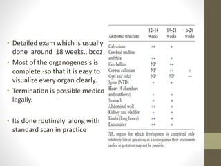 • Detailed exam which is usually
done around 18 weeks.. bcoz
• Most of the organogenesis is
complete.-so that it is easy to
visualize every organ clearly.
• Termination is possible medico
legally.
• Its done routinely along with
standard scan in practice
 