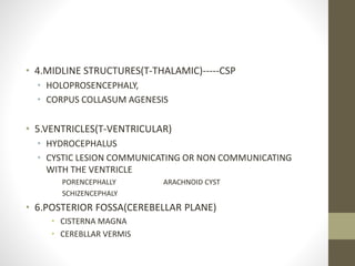 • 4.MIDLINE STRUCTURES(T-THALAMIC)-----CSP
• HOLOPROSENCEPHALY,
• CORPUS COLLASUM AGENESIS
• 5.VENTRICLES(T-VENTRICULAR)
• HYDROCEPHALUS
• CYSTIC LESION COMMUNICATING OR NON COMMUNICATING
WITH THE VENTRICLE
PORENCEPHALLY ARACHNOID CYST
SCHIZENCEPHALY
• 6.POSTERIOR FOSSA(CEREBELLAR PLANE)
• CISTERNA MAGNA
• CEREBLLAR VERMIS
 