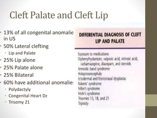 Cleft Palate and Cleft Lip
• 13% of all congenital anomalies
in US
• 50% Lateral clefting
• Lip and Palate
• 25% Lip alone
• 25% Palate alone
• 25% Bilateral
• 60% have additional anomalies
• Polydactyly
• Congenital Heart Dz
• Trisomy 21
 