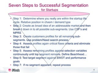 4
Seven Steps to Successful Segmentation
for Startups
• Step 1: Determine where you really are within the startup life
cyc...
