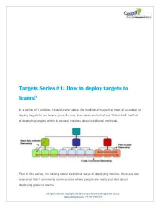 All rights reserved. Copyright 2011@ Canopus Business Management Group
www.collaborat.com | +91 4442851080
Targets Series#1: How to deploy targets to
teams?
In a series of 4 articles, I would cover about the traditional ways that most of us adapt to
deploy targets to our teams, pros & cons, live cases and introduce ‘Catch-ball’ method
of deploying targets which is several notches about traditional methods.
First in this series, I m talking about traditional ways of deploying metrics. Here are two
scenarios that I commonly come across where people are really puzzled about
deploying goals to teams.
 
