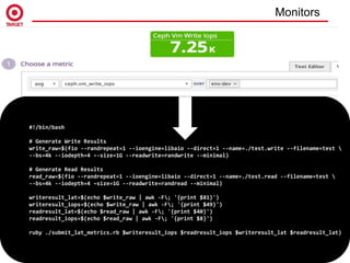 #!/bin/bash
# Generate Write Results
write_raw=$(fio --randrepeat=1 --ioengine=libaio --direct=1 --name=./test.write --filename=test 
--bs=4k --iodepth=4 –-size=1G --readwrite=randwrite --minimal)
# Generate Read Results
read_raw=$(fio --randrepeat=1 --ioengine=libaio --direct=1 --name=./test.read --filename=test 
--bs=4k --iodepth=4 –size=1G --readwrite=randread --minimal)
writeresult_lat=$(echo $write_raw | awk -F; '{print $81}')
writeresult_iops=$(echo $write_raw | awk -F; '{print $49}')
readresult_lat=$(echo $read_raw | awk -F; '{print $40}')
readresult_iops=$(echo $read_raw | awk -F; '{print $8}')
ruby ./submit_lat_metrics.rb $writeresult_iops $readresult_iops $writeresult_lat $readresult_lat)
Monitors
 