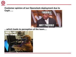Customer opinion of our Openstack deployment due to
Ceph…..
…which leads to perception of the team....
 